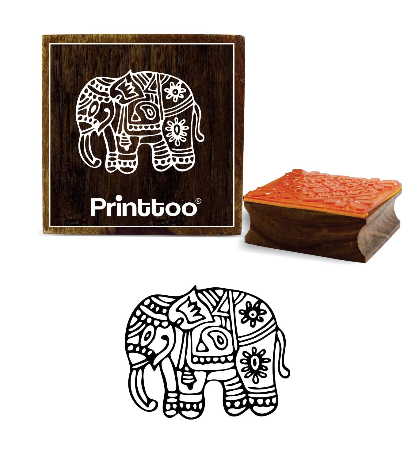 Printtoo Craft Textile Card Print Elephant Design Square Wooden Rubber Stamp-2 x 2 Inches