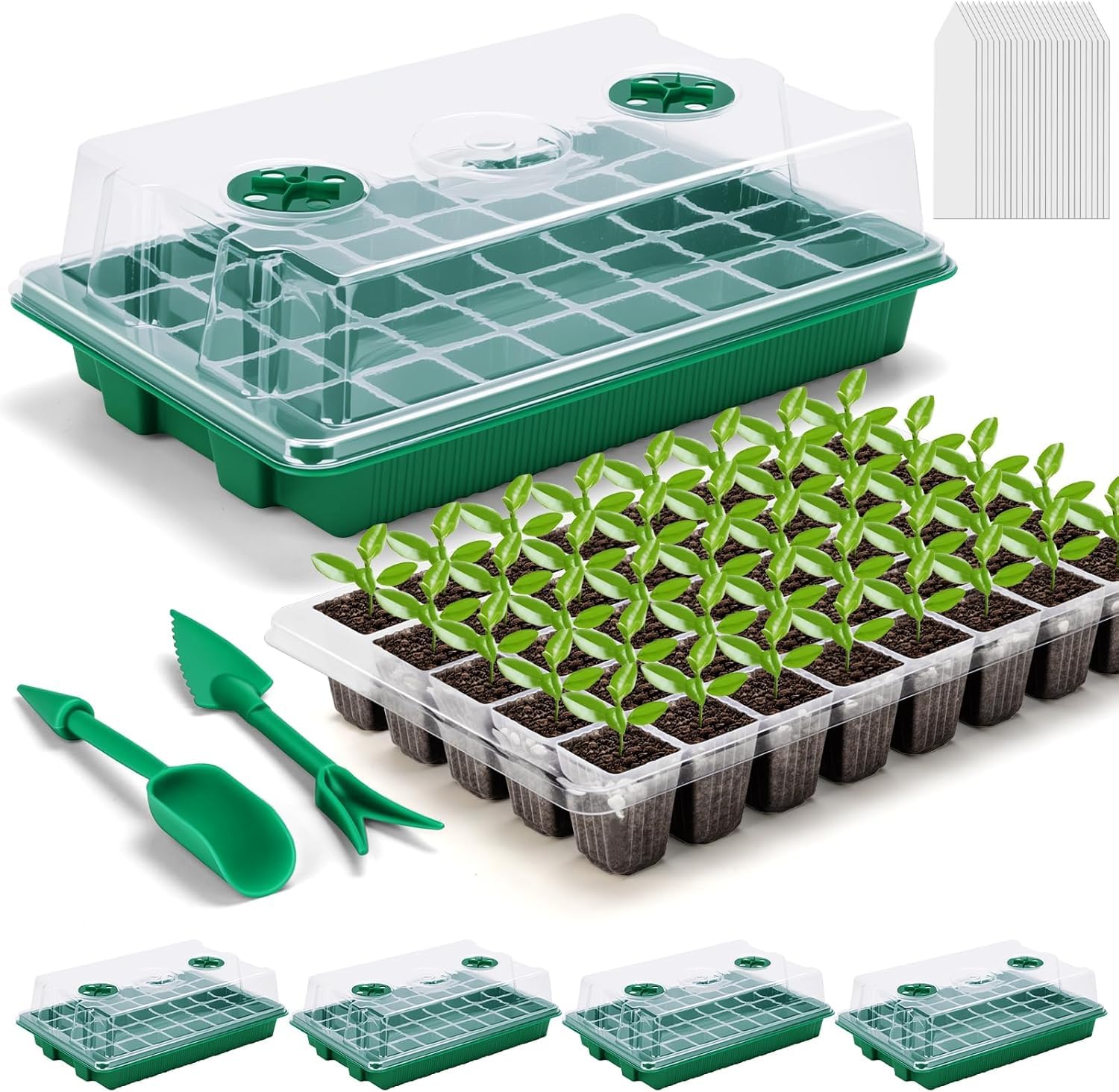LATERN 4Pcs Plant Seedling Trays, 24 Cells Plastic Seedling Nursery Tray Flower Seed Propagator with Adjustable Vent for Greenhouse Garden Home Seedling (with 20Pcs Plant Labels, 2Pcs Seeding Tools)