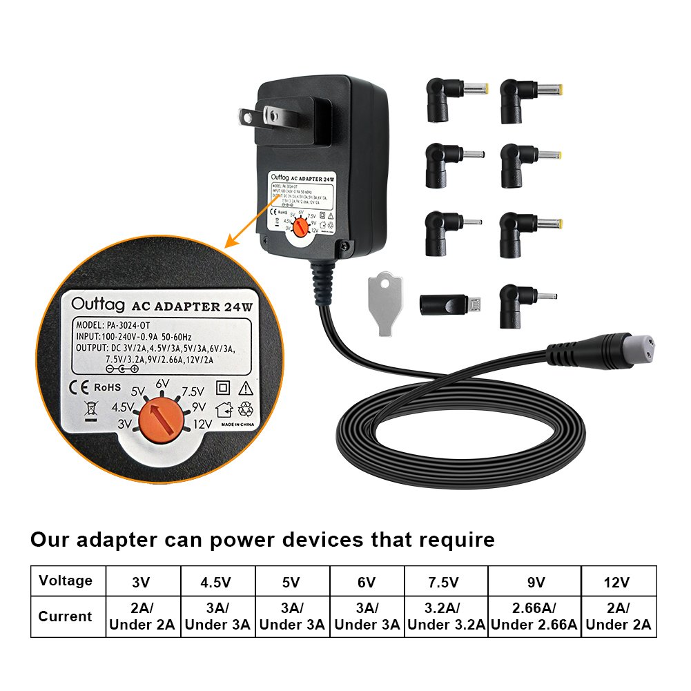 Outtag 24W 3v/ 4.5v/ 5v/ 6v/ 7.5v/ 9v/ 12v Regulated Multi Voltage Switching Replacement Power AC Adapter for Household Electronics Routers Speakers CCTV Cameras Smart Phone USB Charging Device
