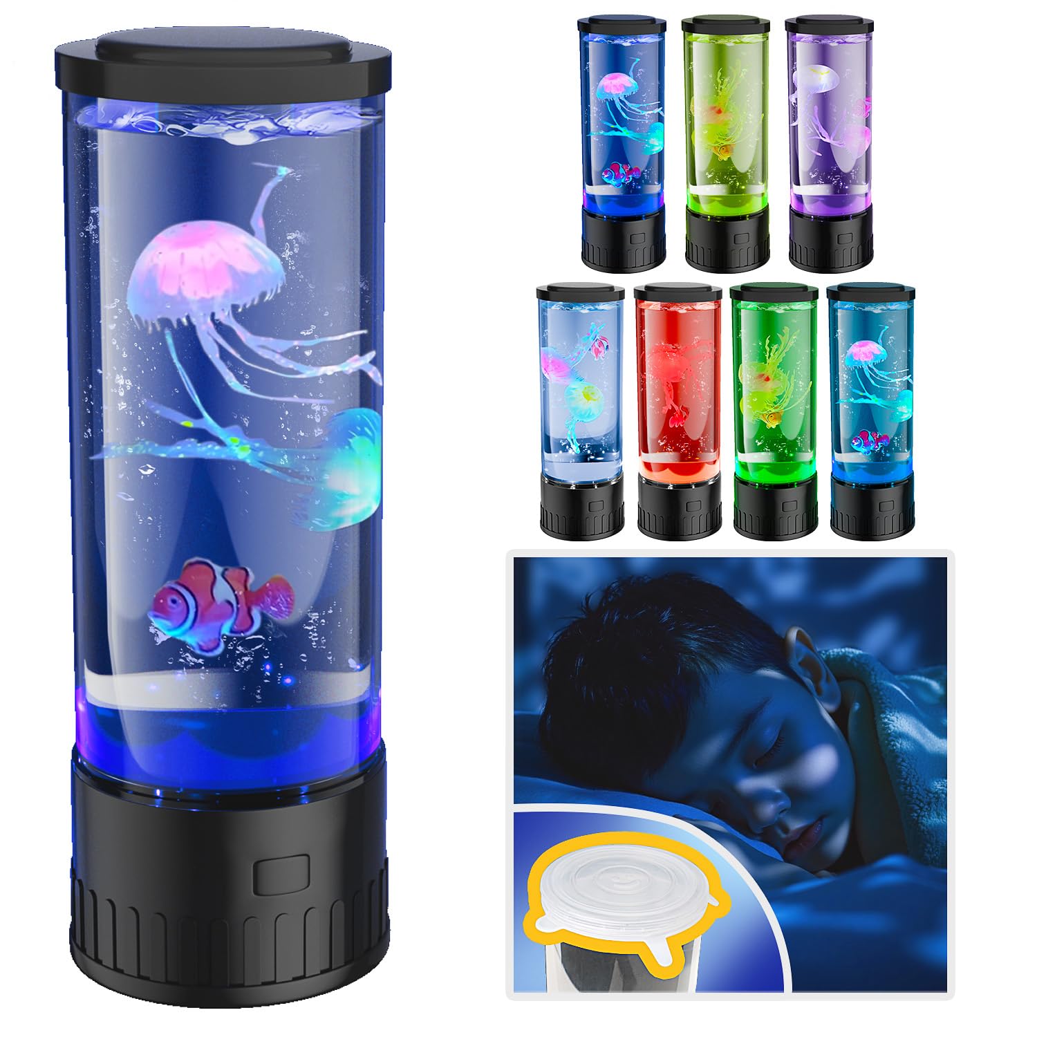 Photo 1 of Fanfoobi Auto-Color-Changing Jellyfish Lamp with Dual Lids (Black & Transparent), Jellyfish Tank Table Lamp, Sensory Aquarium Mood Light for Home Office Decor, Gifts for Kids & Adults