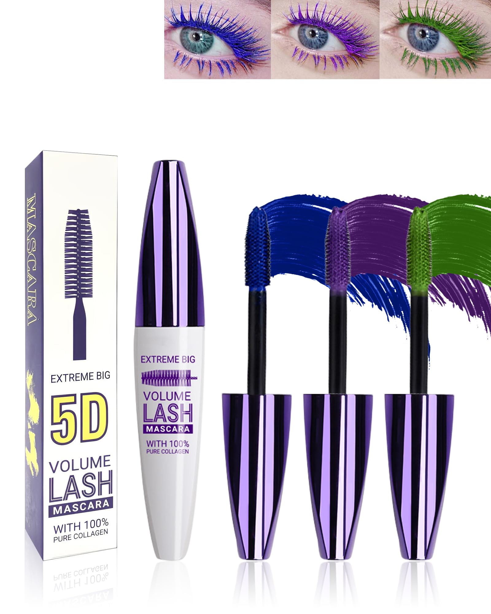 Blue Purple Green 5D Thick Fiber Mascara - 3PCS Waterproof Volume & Length Smudge-proof Tubing Colored Lash Mascara for Eyelashes, Long Wear Curling, Christmas Halloween Eye Makeup