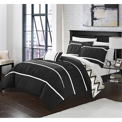 Amazon Com 3 Piece Ruched Design Jet Black Comforter Set Stylish
