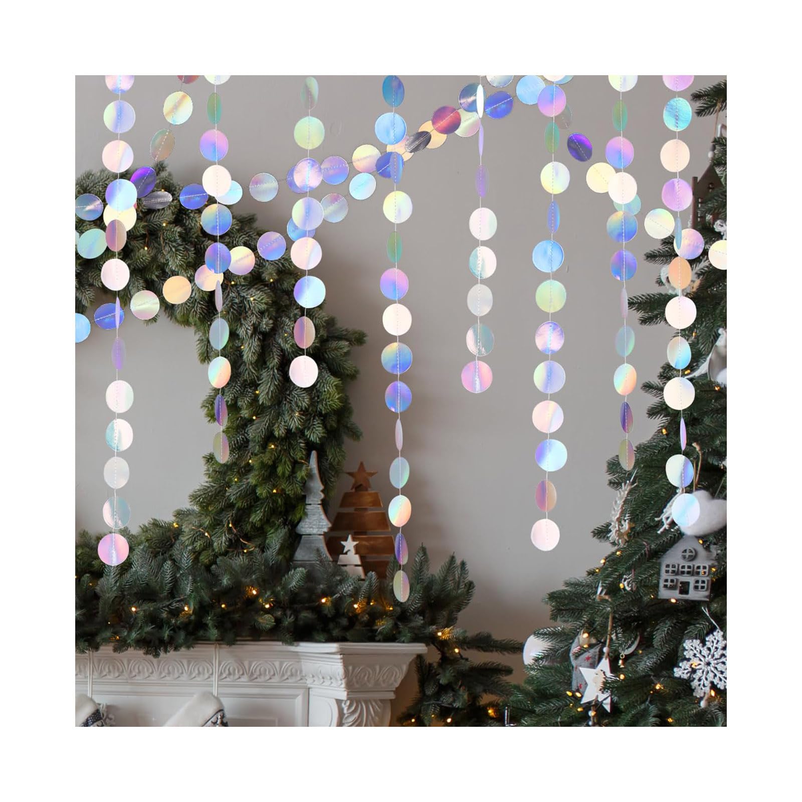 JOOTUEPO 39Ft Iridescent Circle Dot Streamer Garland Decoration, Holographic Rainbow Hanging Paper Garland, Glitter Circle Star Paper Decoration, Twinkle Banner Backdrop for Birthday Wedding Party