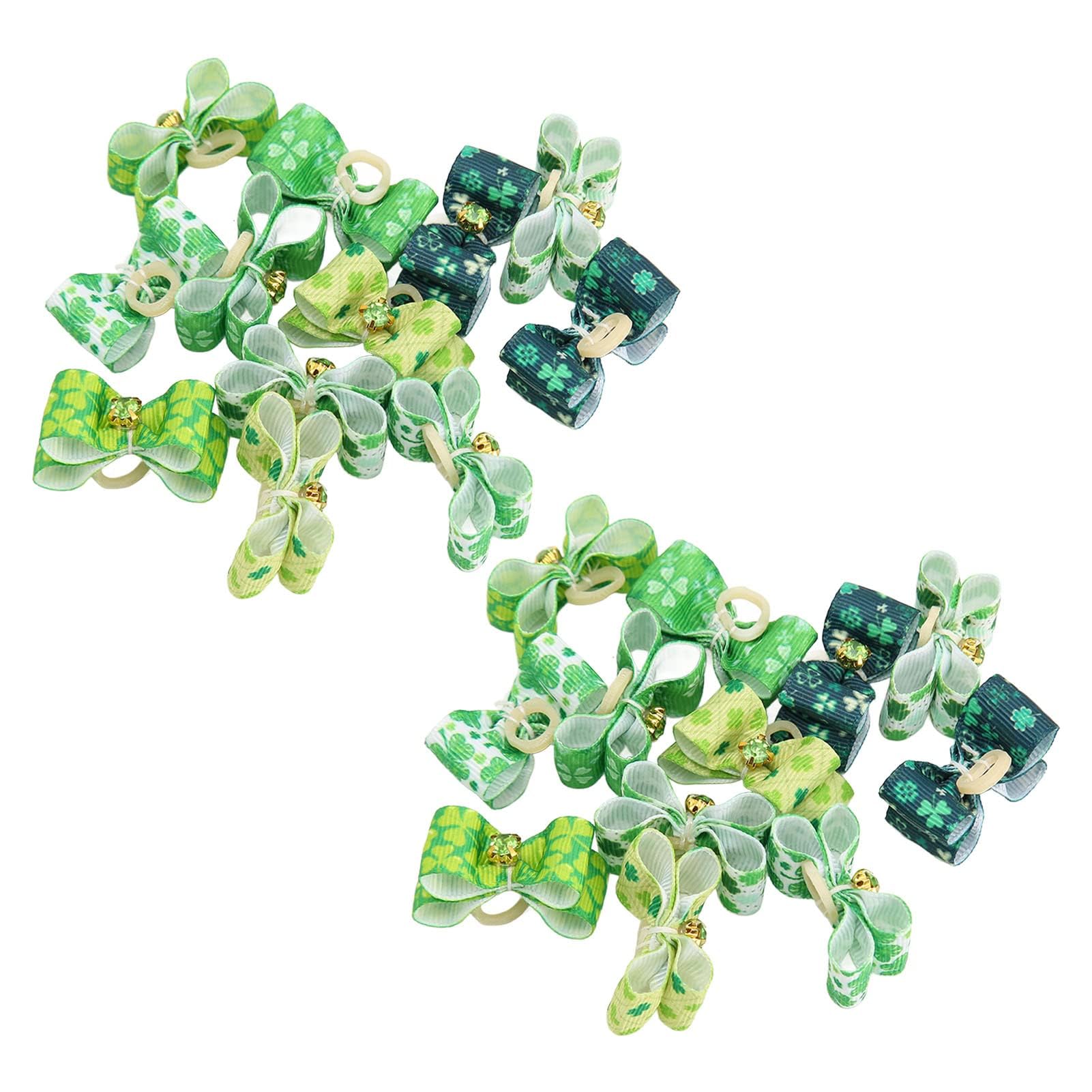 24Pcs Holiday Dog Hair Bows with Rubber Band, Pets Dog Hair Bows for St. Patrick' S Day Pet Hair Bows with Rubber Bands Lucky Green Clovers Puppy Dog Bows