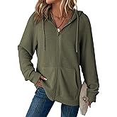 Dokotoo Women's Full Zip Up Hoodies Waffle Knit Long Sleeve Drawstring Casual Sweatshirt Hooded Tops