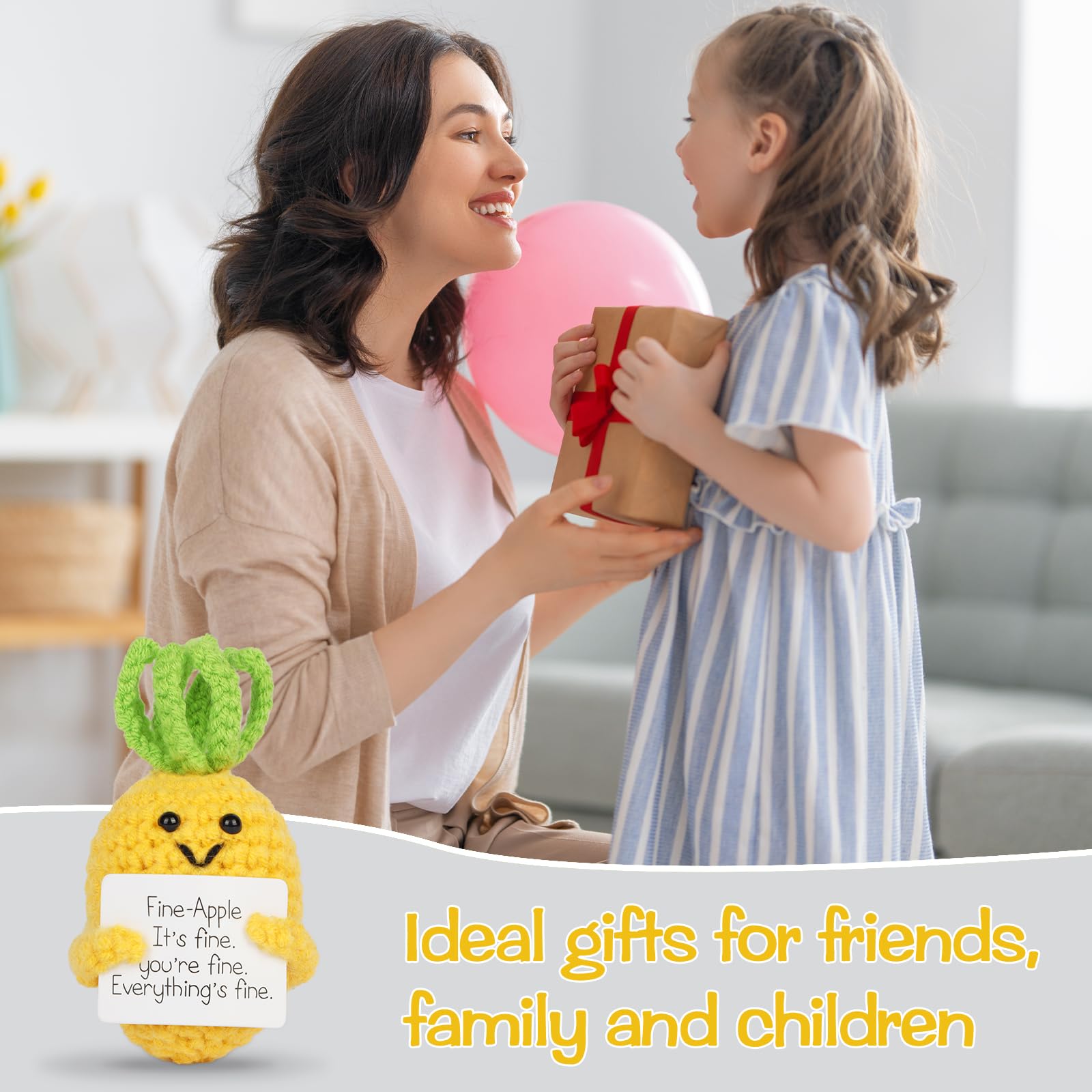 Hoedia Positive Pineapple Gifts for Women - Mom Dad Sister Friend Wife Husband Christmas Birthday Presents - Handmade Cute Funny Fine-Apple Crochet Doll with Cheer Up Inspirational Card Office Decors