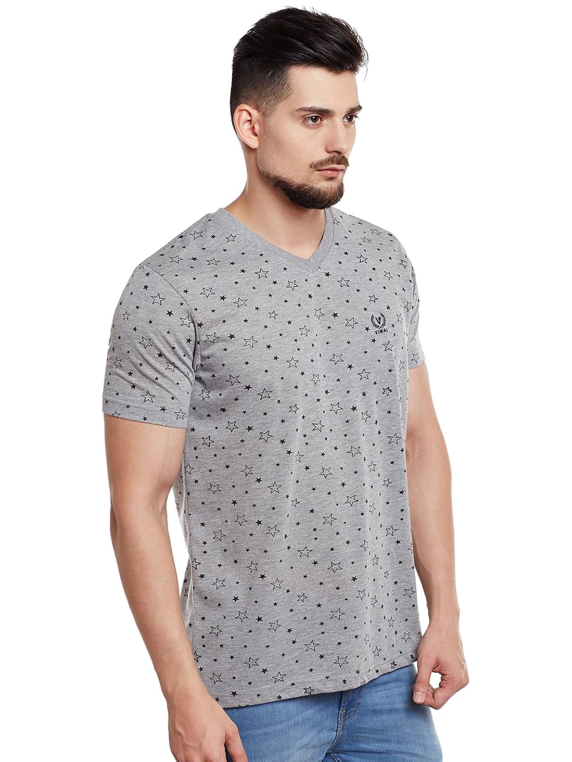 vimal printed grey melange v neck cotton tshirt for men(pack of 1)