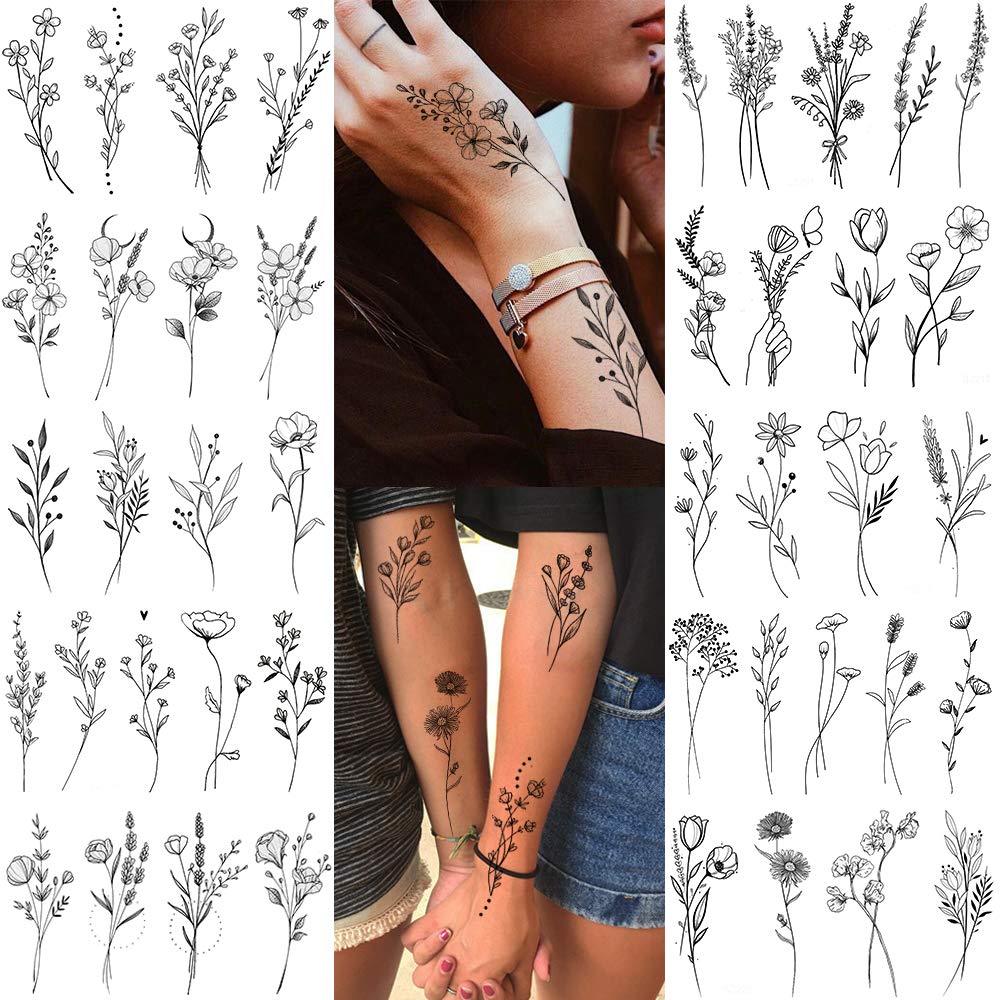 FANRUI 15 Sheets FANRUI Sexy Tiny Branch Black Flower Temporary Tattoos For Women Girl Neck Realistic Floral Bouquet Small Tattoo Temporary Lavender Fake Tattoo Sticker For Adults Face Hands Kit