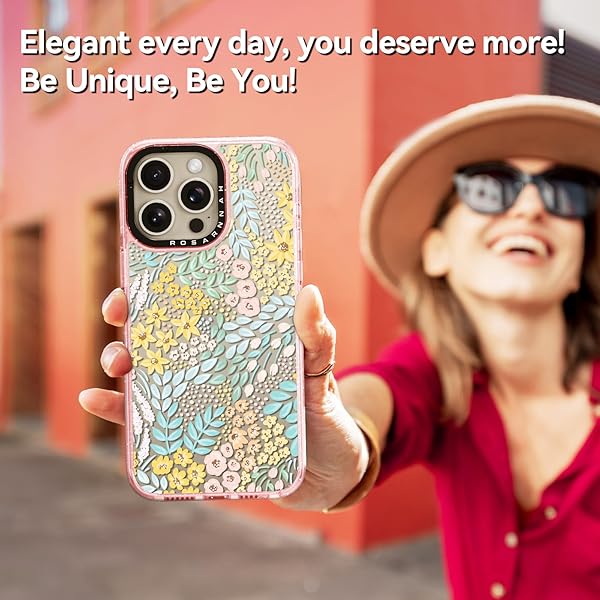 ROSARNNAH FOR IPHONE 15 PRO CASE CUTE – DURABLE SHOCKPROOF 6.6 FT DROP IMPACT PHONE CASE – FUNNY BLUE SPRING DESIGN (6.1″) GLITTER PINK