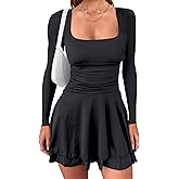 HYPERFIRE Women's Ruched Square Neck Long Sleeve Mini Dress Flowy Short Dresses Party Club