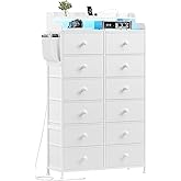 REAHOME Dresser for Bedroom with Charging Station and LED Lights, 12 Drawers Dresser TV Stand with Wooden Top, Tall Fabric Chest of Drawer with Sturdy Frame for Closet, Living Room, Hallway, White