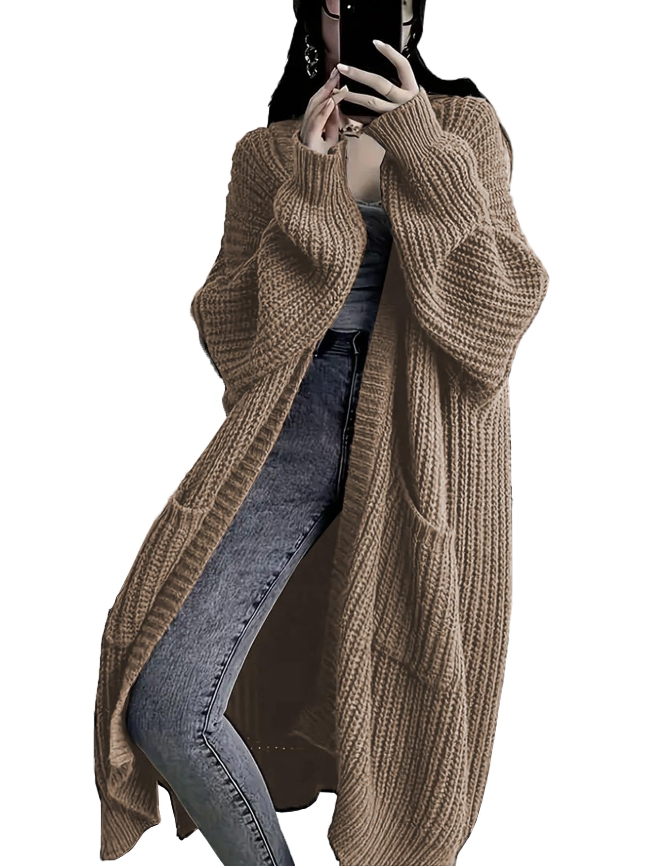 Photo 1 of ** SIMILAR - CHOCOLATE COLOR ** Womens Long Sleeve Cardigan Sweaters Open Front Knit Long Cardigans Duster with Pockets 2024 Fall Winter Oversized Coat (US, Alpha, Large, Regular, Regular, Khaki)
