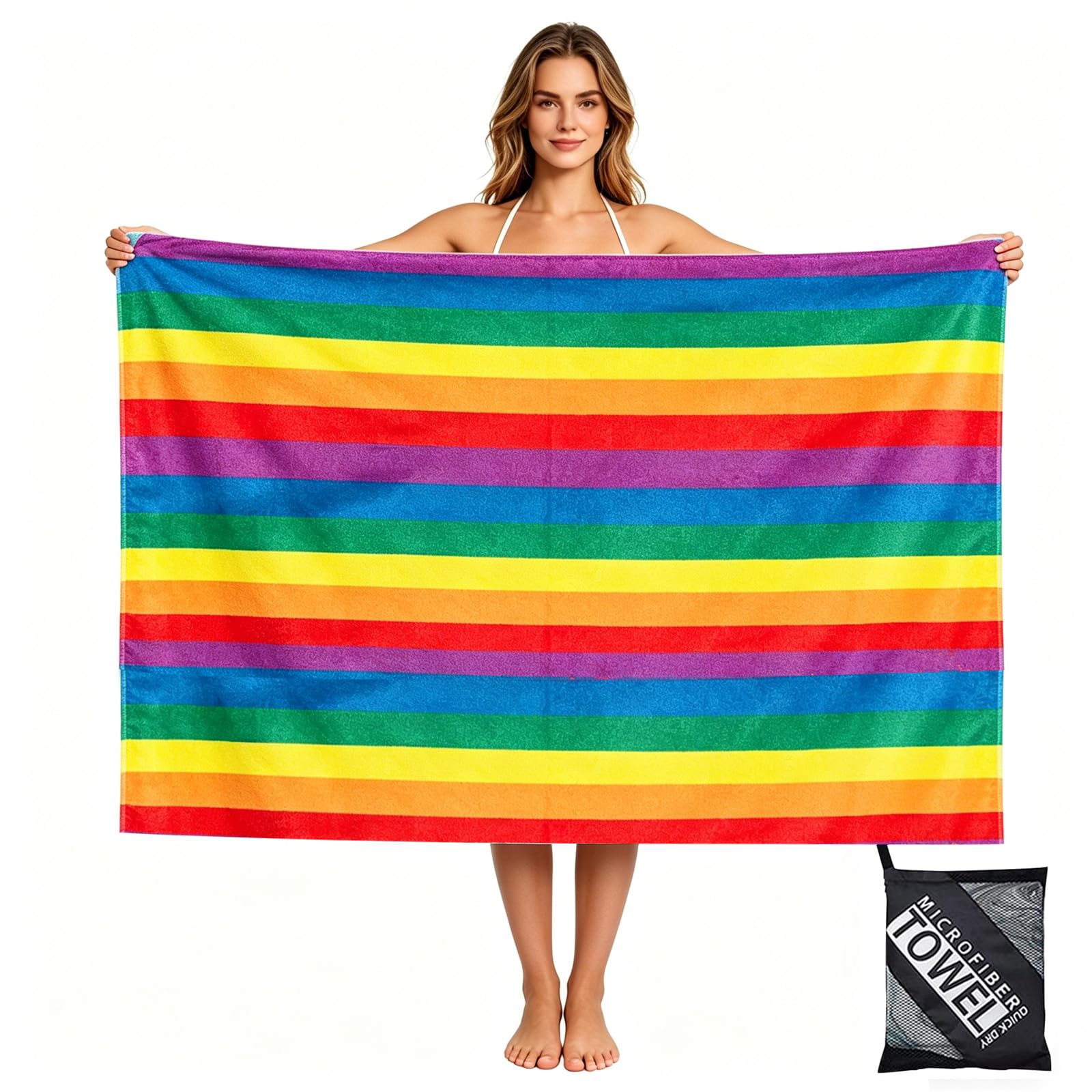 yayafunfun 160x90cm Rainbow Beach Towels in a Bag, Large Microfibre Beach Towel for Adults, Compact Light Bath Towel Swimming Towels for Men Women Boys Girls Travel Bathroom Dock and Bay