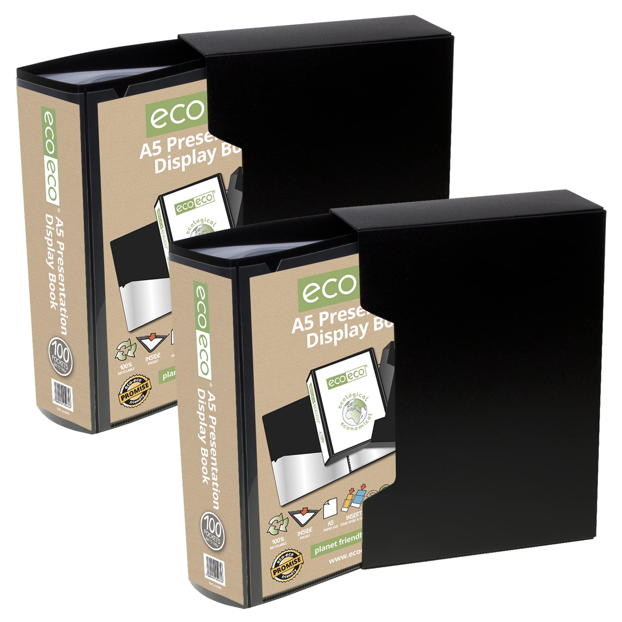 eco-eco A5 Size 50% Recycled 100 Pocket Black Presentation Display Book, Storage Case Portfolio Art Folder with Plastic Sleeves with Black Display Box, (Pack of 2 Books) eco065x2