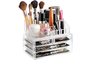 Masirs Clear Makeup Organizer - 16-Compartment Cosmetic and Jewelry Holder with 4 Drawers - Vanity Storage Box for Makeup, Skincare, Accessories, and Jewelry Display