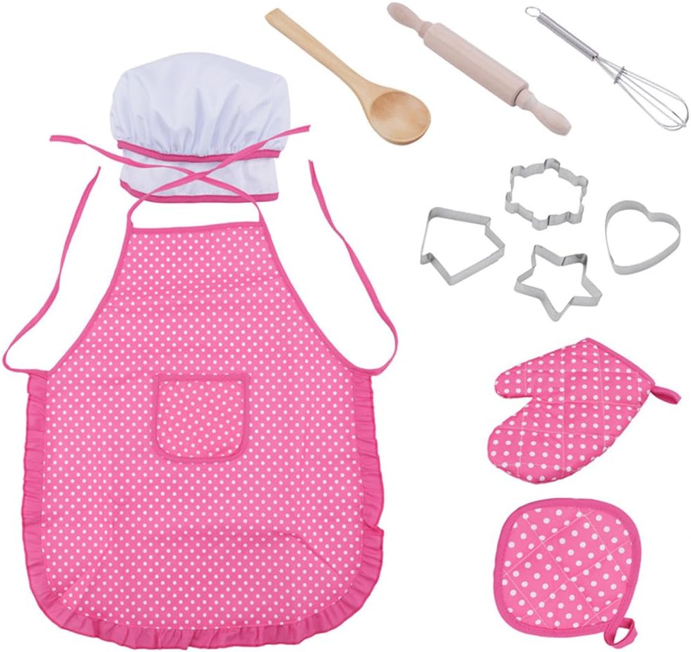 Shopline Kids Chef Set Role Play Costume, Cute Child Chef Cooking and Baking Playset Dressing Up with Apron, Chef Hat, Oven Mitt, Rolling Pin 11 Pieces Utensils for Boys and Girls Ages 3+