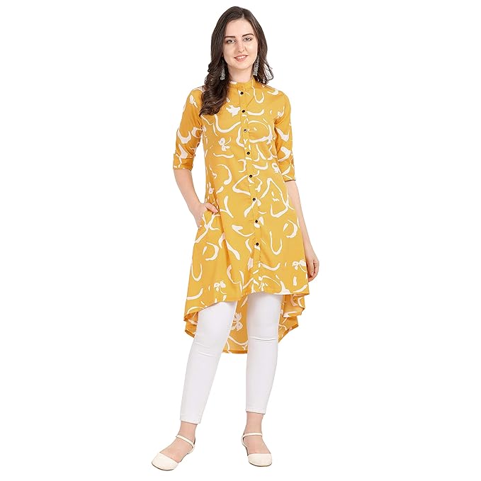 Crepe Yellow Printed Up-Down Button Front Mandarin Collar Tunic Dress with 3/4 Fold-up Sleeves and Side Pocket for Women.