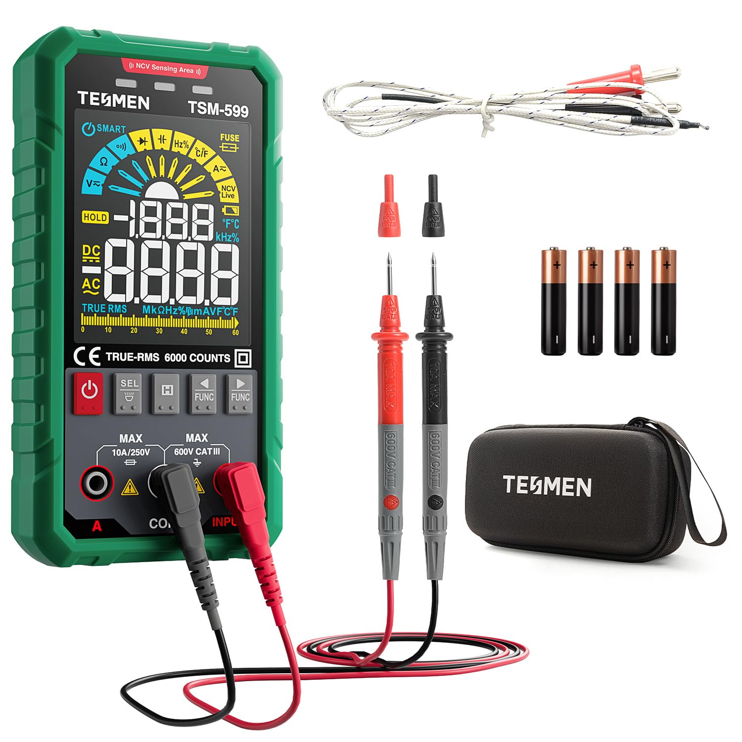 TSM-599 Smart Digital Multimeter, TRMS 6000 Counts, Voltage Tester, Volt Meter with NCV, DC/AC Voltage&Current, Resistance, Continuity, Diode, Capacitance, Hz%, Temperature, Live Wire - Green Image