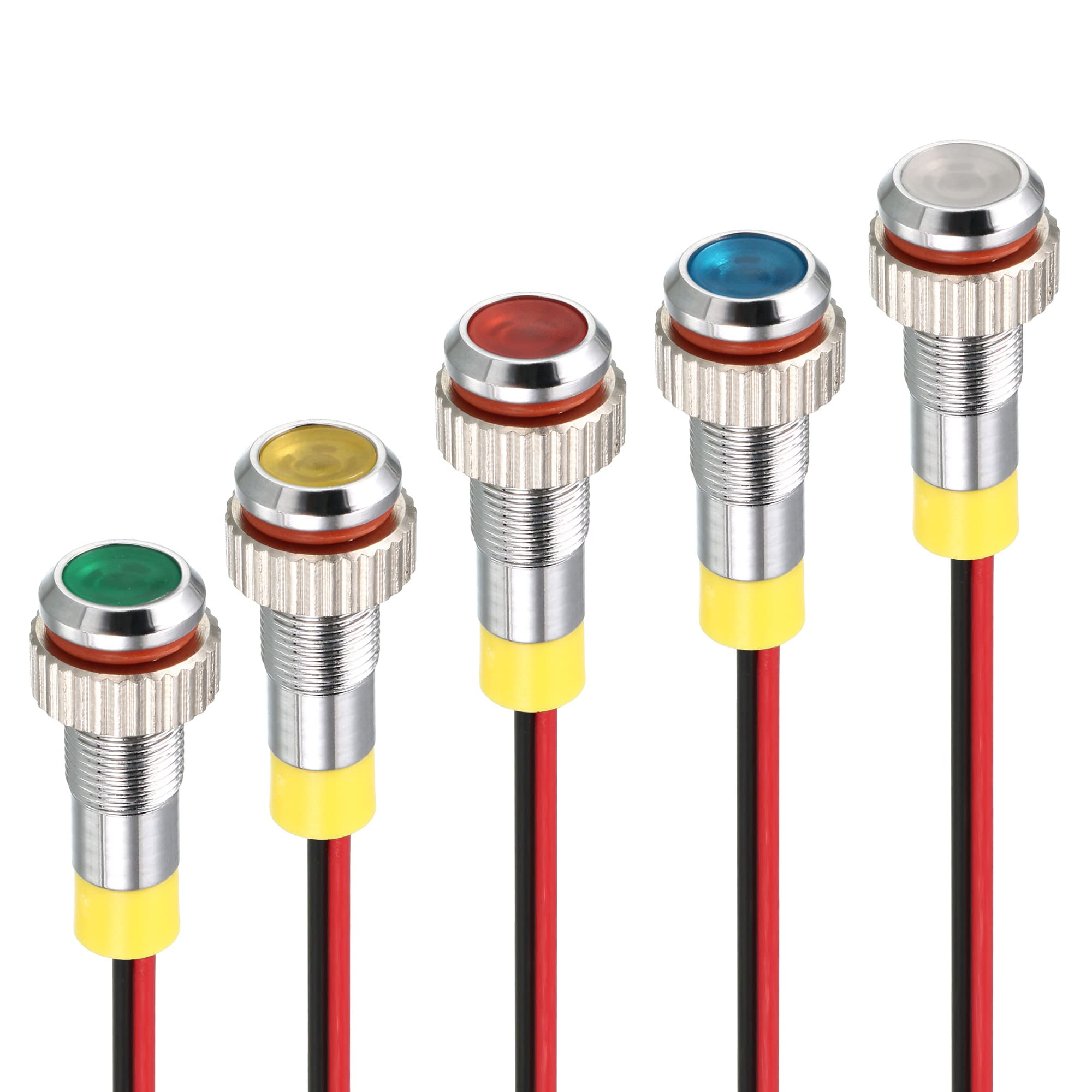 sourcing map Signal Indicator Light AC/DC 12V 6mm Dash Lamp Flush Panel Mount Metal Shell White Red Yellow Blue Green 5Pcs