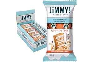 JiMMYBAR! - Eye Of The Tiger Caramel Chocolate Peanut Protein Bars - 25g Protein Bar - 6g Low Sugar - 12 Count - 60g Health Bars - Functional Snack with Real Peanuts & Hand-Drizzled Chocolate