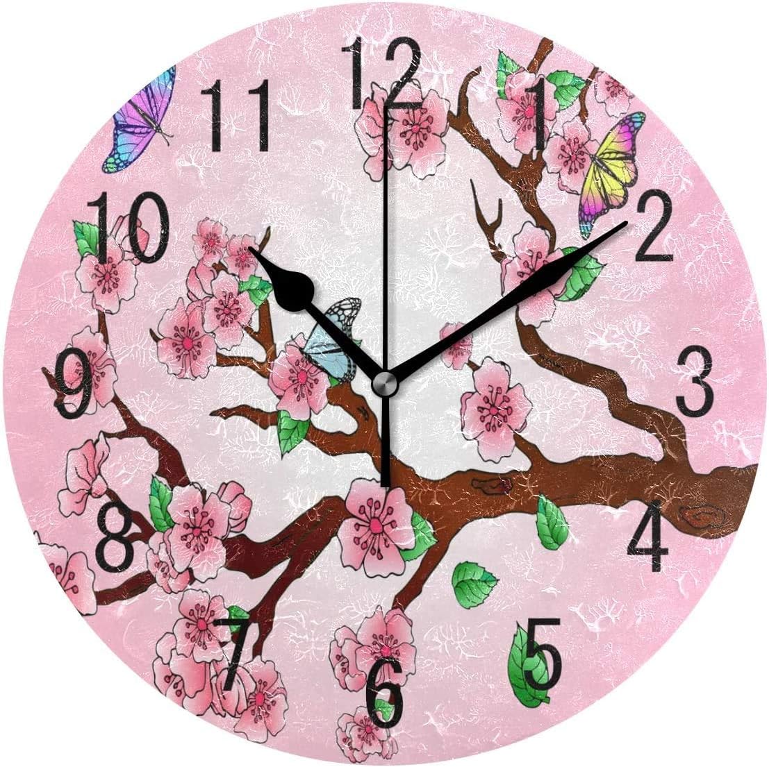 Amazon Com Home Decor Cartoon Butterfly Pink Cherry Blossom Round 9 8 Inch Wall Clock Non Ticking Silent Clock Art For Living Room Kitchen Bedroom Home Kitchen