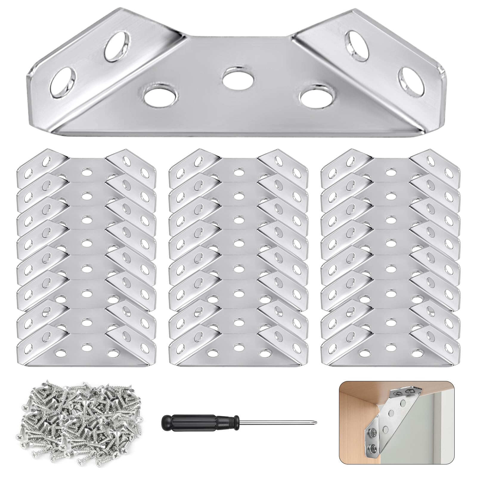 DONQL 24pcs Corner Connectors, Universal Stainless Steel Furniture Corner Connector,Corner Braces for Wood,Furniture Brackets with Screws,Triangle Angle Brackets for Shelf Cabinet Table Chair Desk