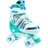 SMOOJOY Roller Skates for Girls Kids Boys,4 Size Adjustable Indoor Outdoor Quad Rollerskates with Light up Wheels for Beginners Ages 3-12