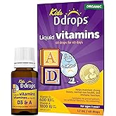 Ddrops Kids Organic Liquid Vitamins – Daily vitamins A&D drops for kids, 60 drops. Supports normal vision, helps build strong