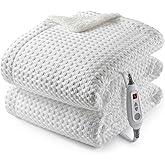 CAROMIO Heated Blanket Throw, Waffle Weave Electric Throw Blanket Fast Heating with LCD Controller, 6 Heat Levels & 4 Hour Auto Shut Off, ETL Certified, Machine Washable, Off White, 50" x 60"