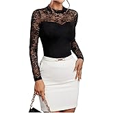 GORGLITTER Women's Lace Patchwork Tops Y2K Fall Dressy Casual Long Sleeve Mock Neck Sexy Going Out Concert Tops Trendy