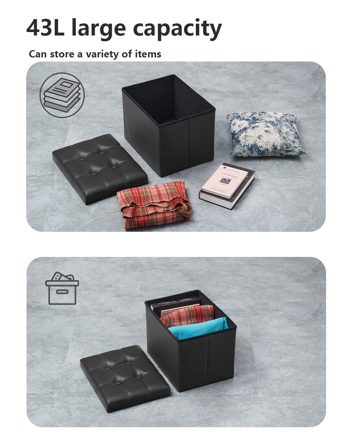 Bsketa Storage Ottoman, Folding Foot Stool with Thicker Foam Padded Seat Small Leather Storage Ottoman Bench Foot Rest for Living Room Foldable Coffee Table 17x13x13in,Black - Image 6