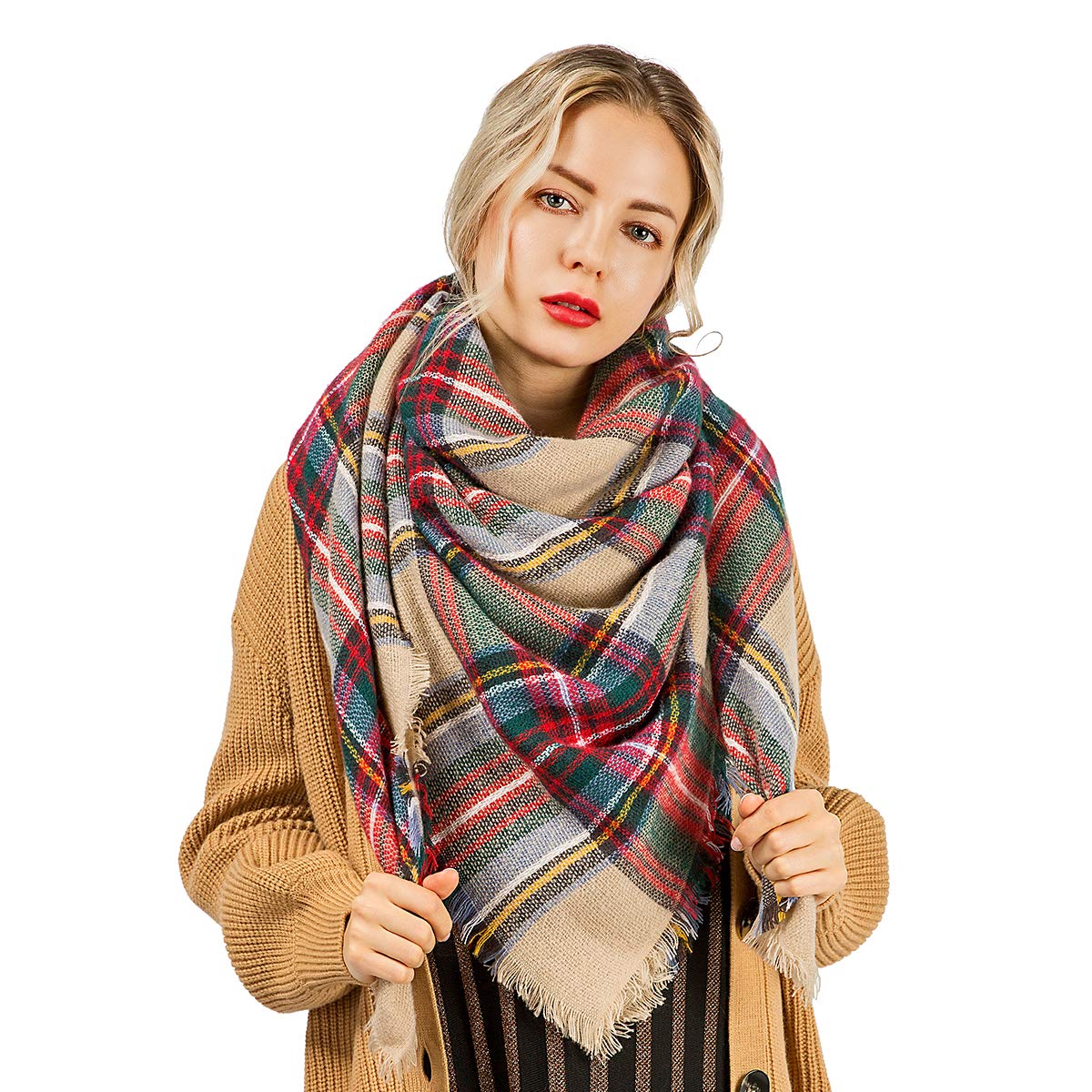 Womens Big Square Scarf Multi-Color Plaid Blanket Shawl Long Tartan Shawl (Dark red2)