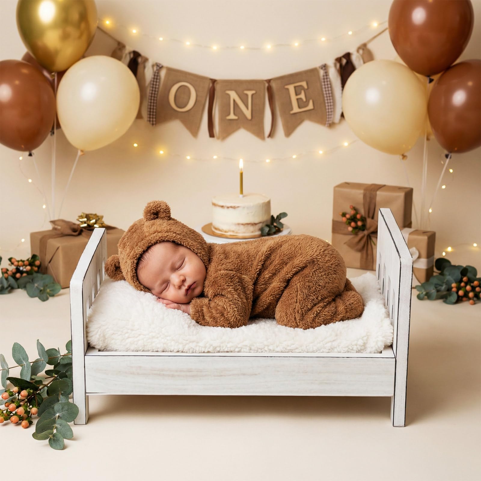 Photo 1 of AceOrbit Newborn Photography Bed Props Wooden Vintage Baby Photo Prop Baby Photoshoot Props for Studio Professional Photographers Newborn Photo Sessions Detachable Doll Bed (White)