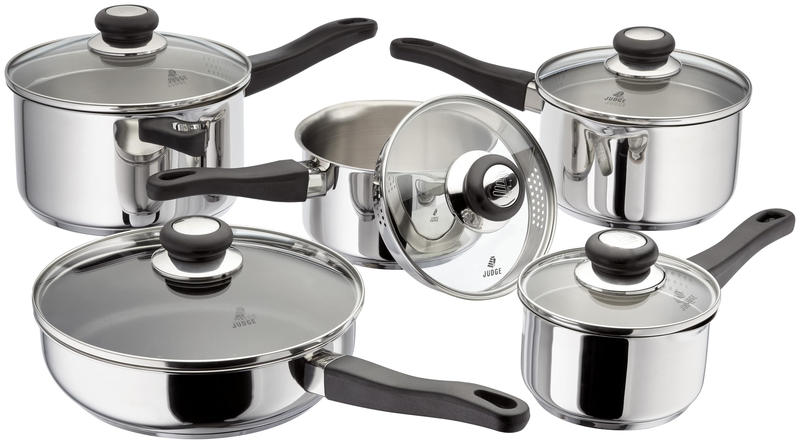 Judge Vista Draining Set of 5 Stainless Steel Pans, 14cm, 16cm, 18cm & 20cm Saucepans with Pouring Lip and Strainer Lids and 24cm Saute Pan, Induction Ready, Oven Safe, 25 Year Guarantee