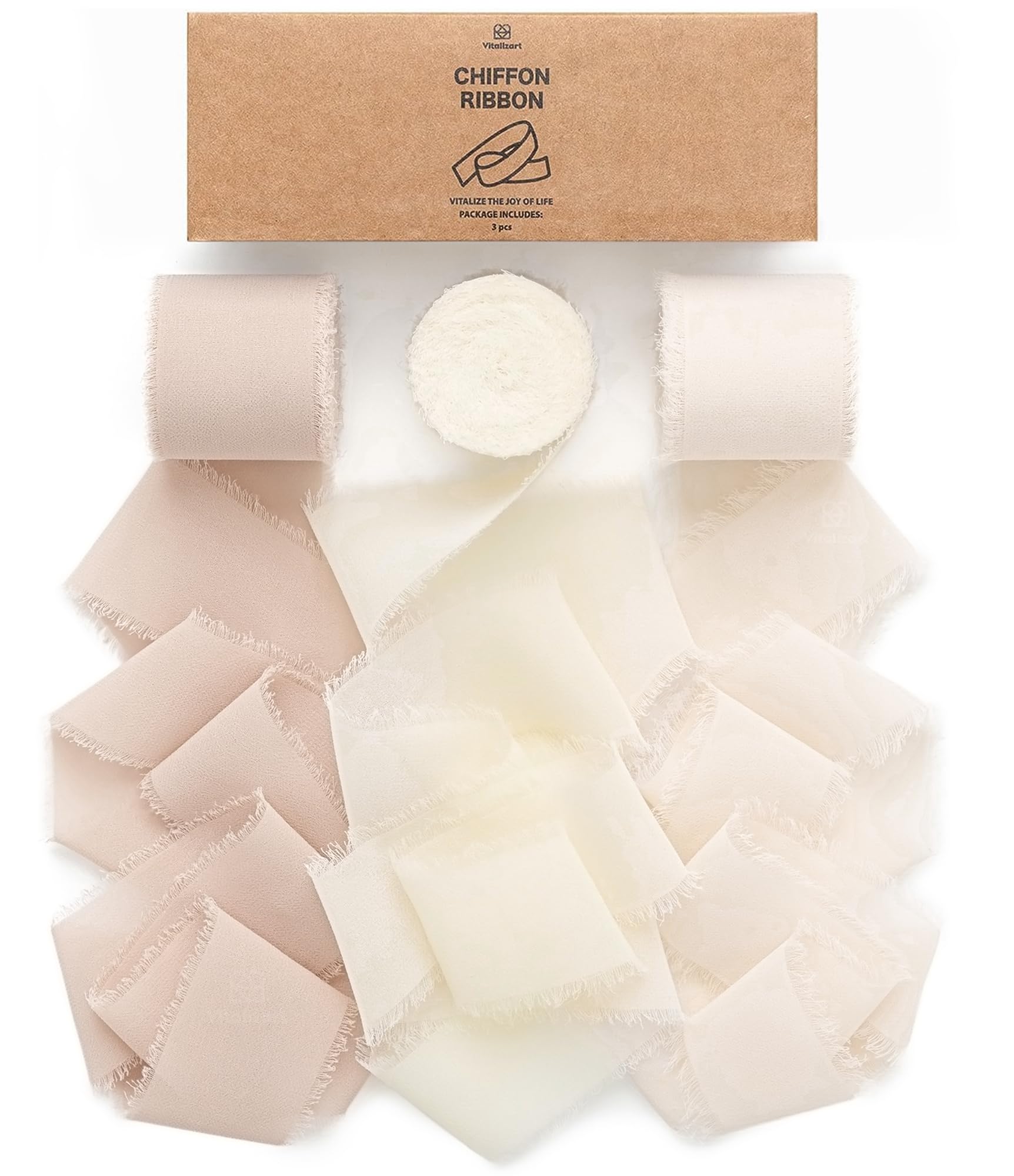 Vitalizart Chiffon Silky Ribbon 3 Rolls 1.5'' x 7 Yd Nude & White, 1.5'' x 21 Yd Ribbons Handmade Fringe for Wedding Invitations, Bridal Bouquets, Gift Wrapping, Holiday Decoration, DIY Crafts