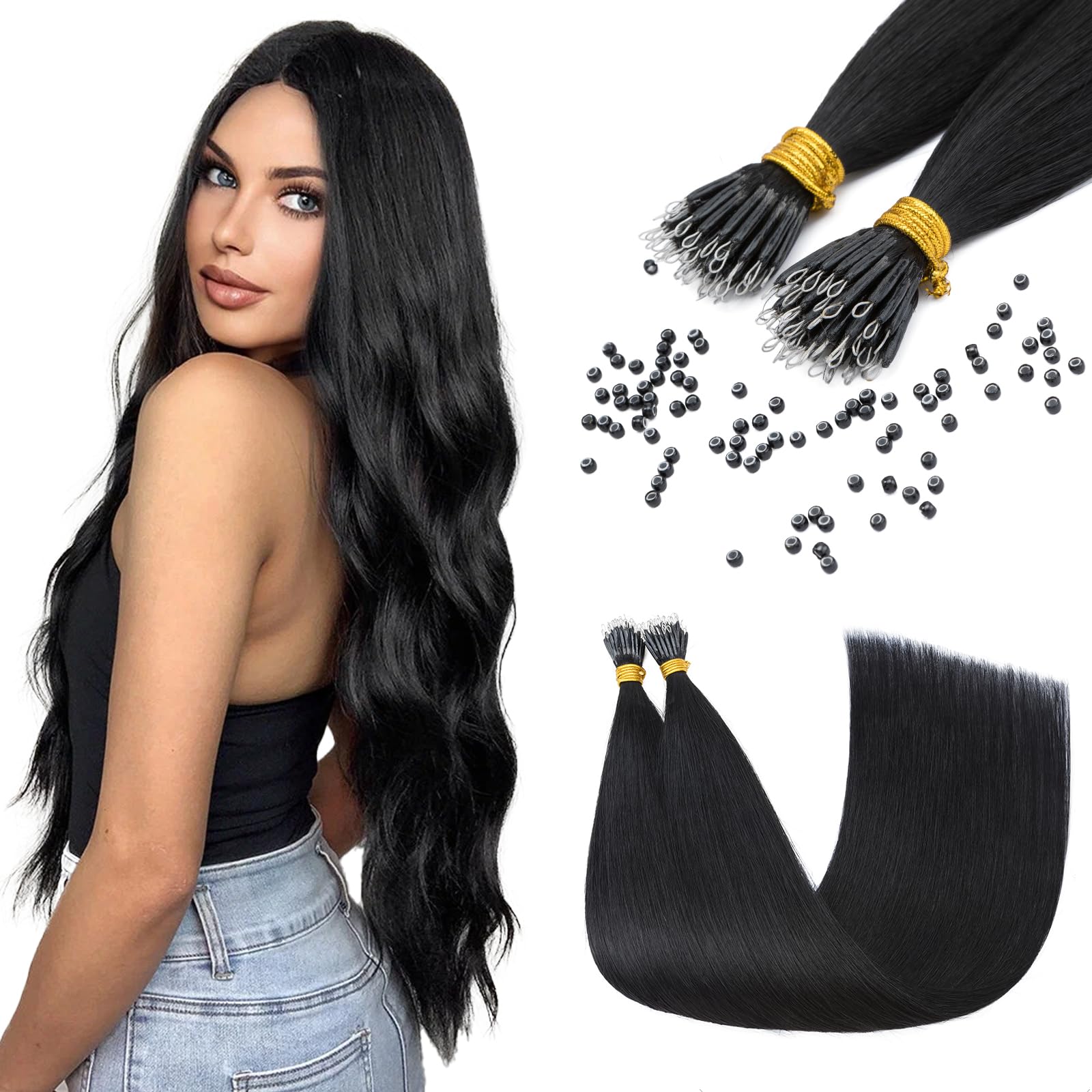 Elailite Nano Ring Extension Real Human Hair Cold Fusion With Nano Beads Remy Hair 50 Strands 35g Straight （#1 Jet Black, 18 Inch) — image 1