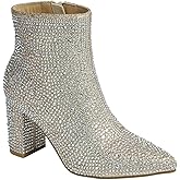 ABSOLEX Women Pointed Toe Rhinestone Block Medium Heel Ankle Booties