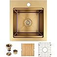 LQS 16" x 18" Gold Drop in Bar Sink, 16 Gauge Stainless Steel Small Single Bowl Workstation Kitchen Sink