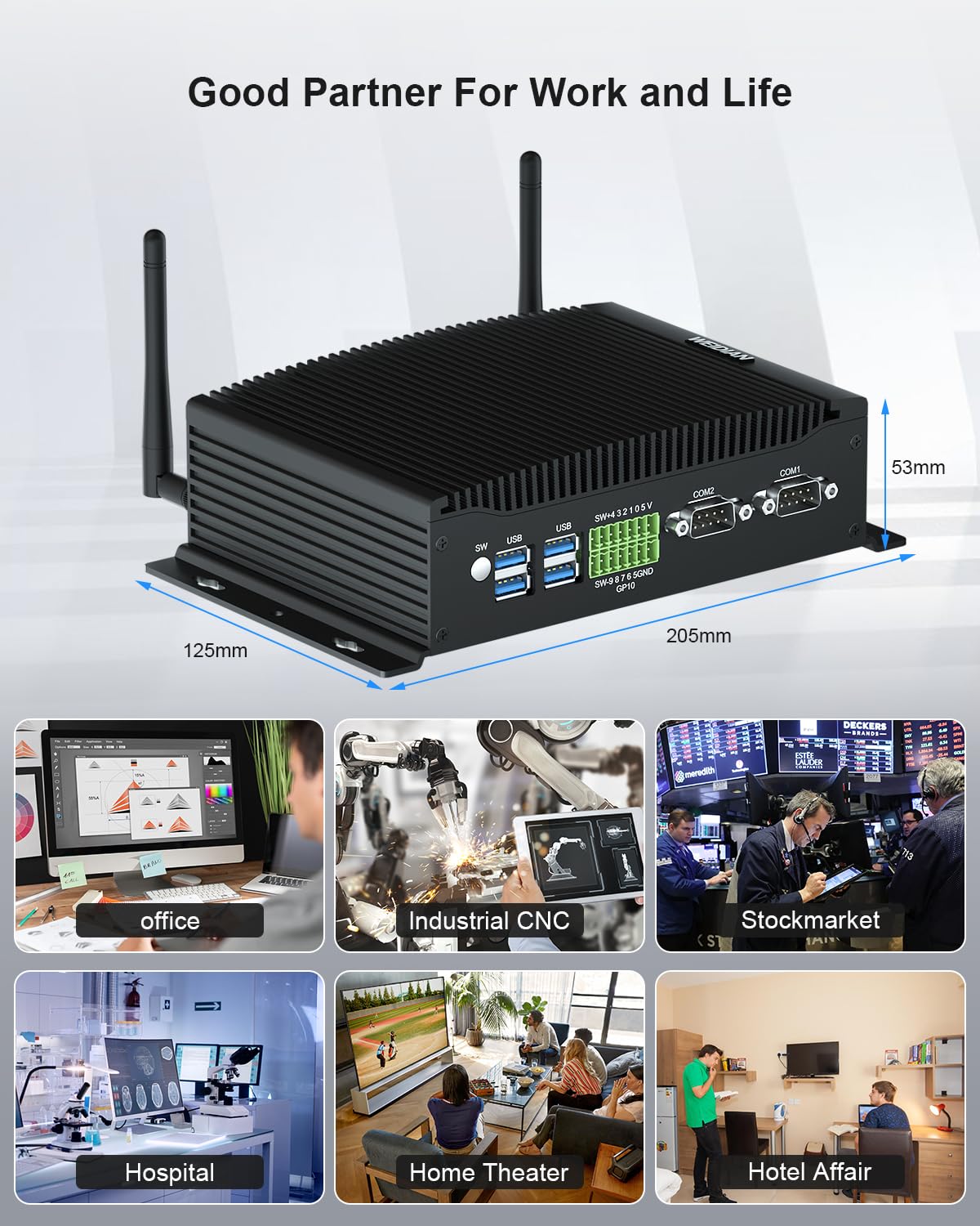 WEIDIAN Lüfterloser Mini PC, Industrie PC Core i7-10510U, Industrial Fanless Computer, 2HD+DP Triple Display, 2RS232 COM, 2RJ45 LAN, 6USB, GPIO, WiFi, BT, Win11/Linux/Ubuntu(16GB RAM 512GB SSD) 8