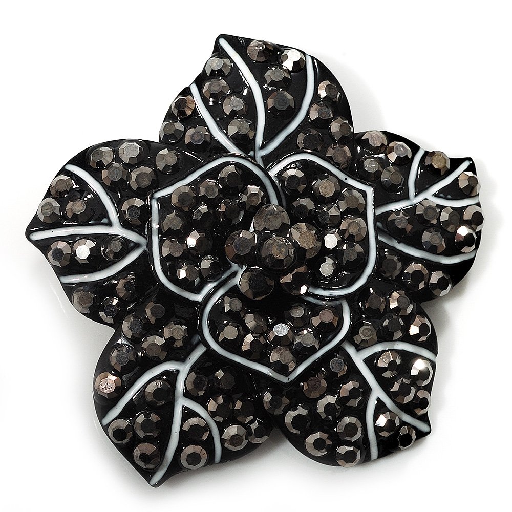 Black Crystal Flower Brooch (Gun Metal)