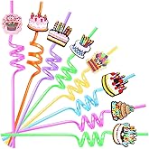 24 Pieces Reusable Birthday Plastic Straws for Birthday Party Supplies Birthday Party Decorations Glitter Cake Straw Drink Straw