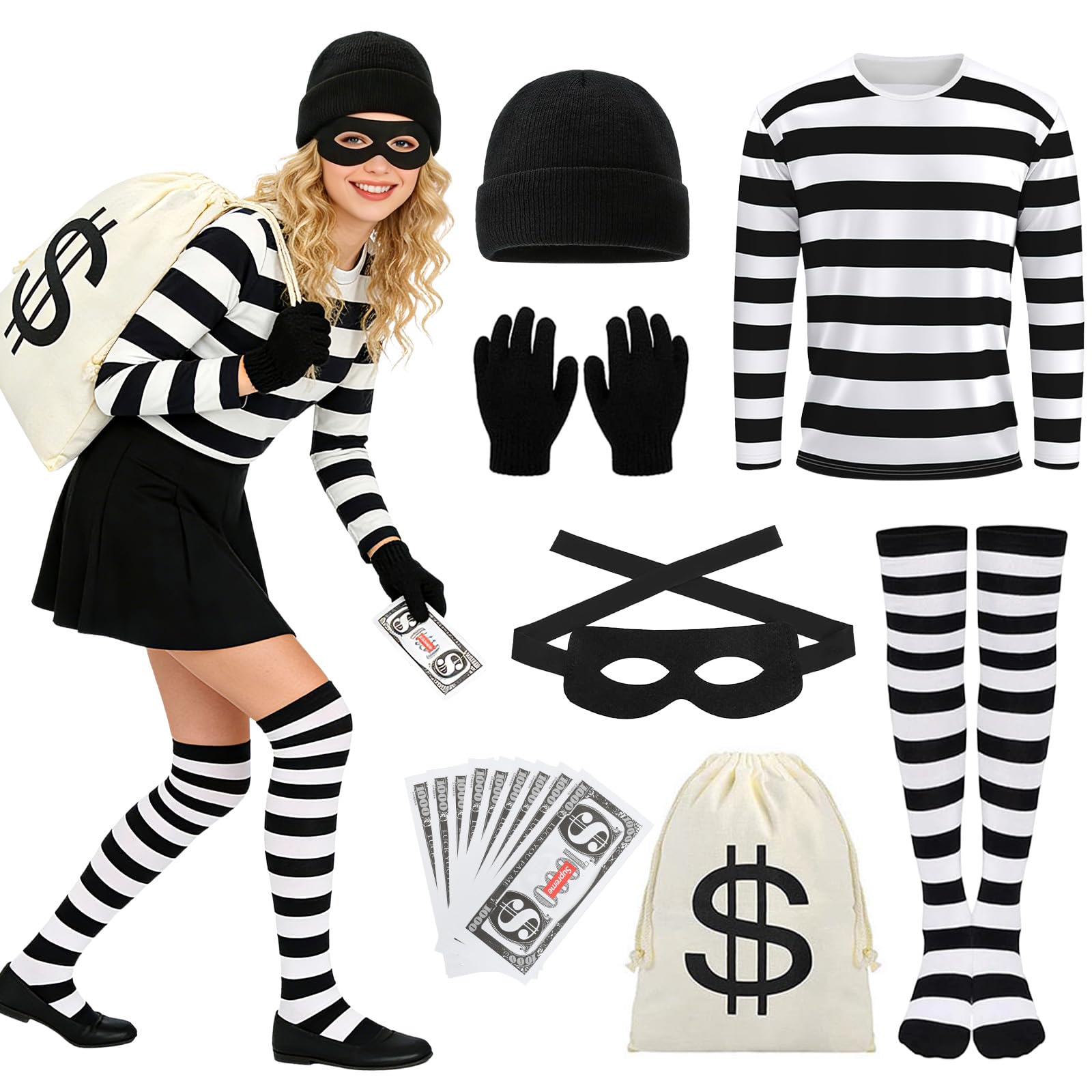 7pcs Burglar Costume Set for Adults, Robber Fancy Dress with Black and White Striped T-Shirt Beanie Hat Eye Mask Gloves Socks Money Bag Banknote for World Book Day Halloween Cosplay Theme Parties