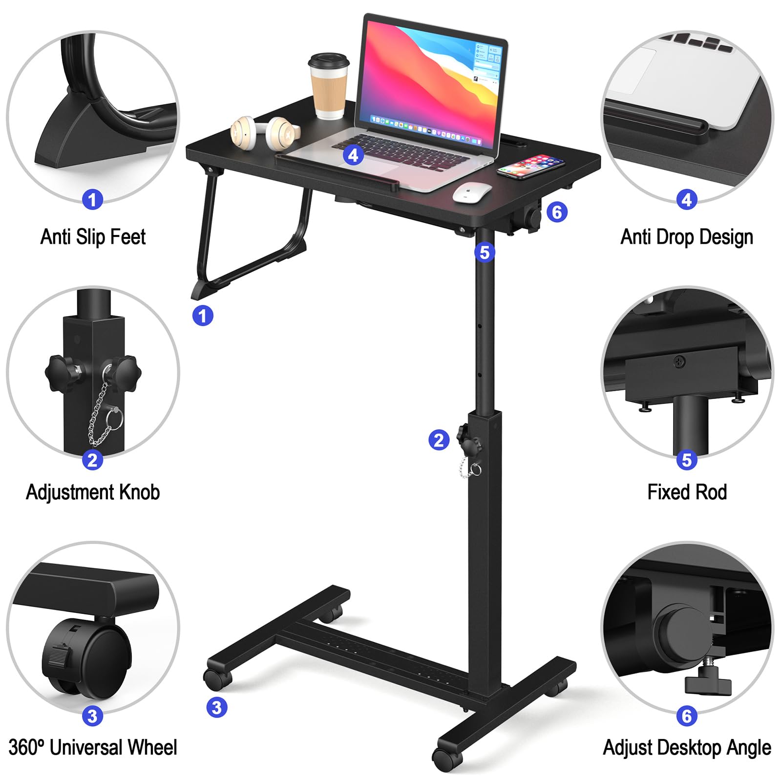 Adjustable Overbed Bedside Table, Hospital Bed Table with Wheels, Portable Rolling Desk, Mobile Small Standing Desk, Rolling Laptop Stand, Computer Cart