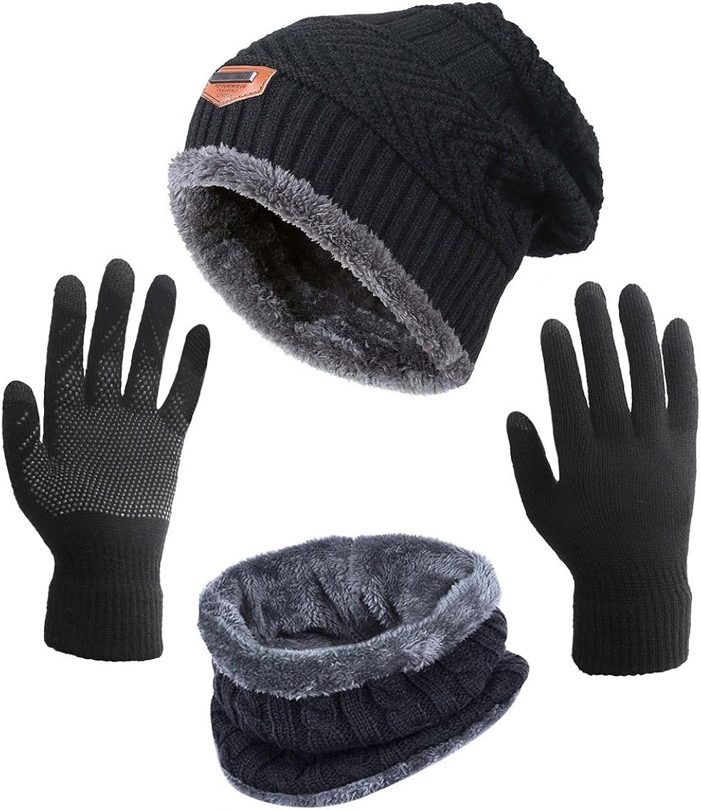 Winter Hat Scarf Gloves Slouchy Beanie Snow Knit Skull Cap Touch Screen Mittens Circle Scarves for Women Black at  Women’s Clothing store