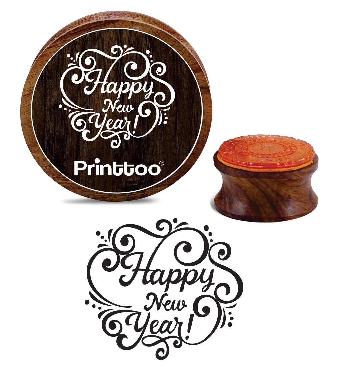 Printtoo Scrap-Booking Wooden Rubber Stamp Round Happy New Year Craft Textile Stamps-5 Inch