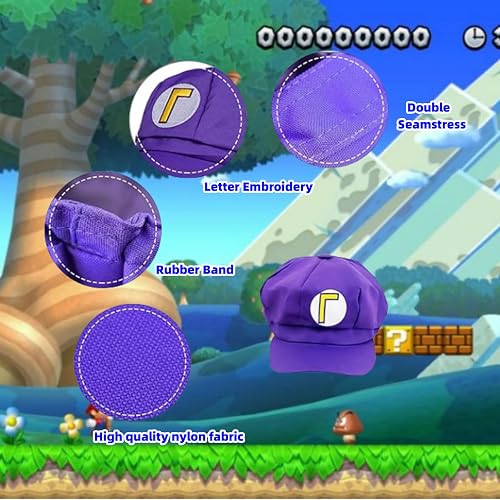 Kit Déguisement Wario/Waluigi Pour Mario Bros - Chapeau, Gants, Moustaches, Boutons, Bretelles - Cosplay Halloween Carnaval