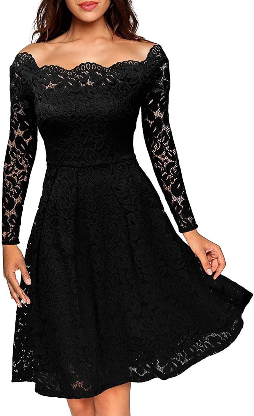 Women Vintage Dresses Lace Long Sleeve Cocktail Formal Swing Midi Dress