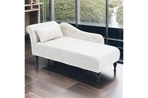 Linyuanwai Chaise Lounge Chair Indoor, Upholstered Velvet Lounge Sofa Buttons Tufted Nailhead Trimmed with Rolled Arm and 1 Pillow Modern Leisure Recliner Sleep Sofa for Living Room Bedroom (White)