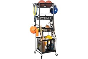 STORAGE MANIAC Ball Storage Bin Rolling Sports Ball Cart, Metal Garage Organizer Sport Rack Basketball Storage Cage for Garage or Gym, Indoor & Outdoor Sports Equipment Organizer with Shelves