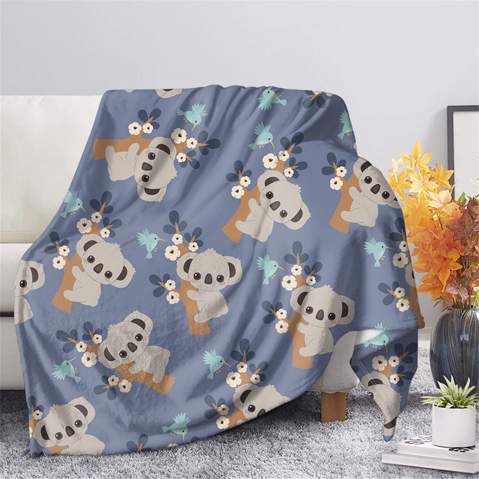 HUGS IDEA Cartoon Koala Blanket Microfiber Flannel Fluff Throws Skin Friendly Bed Sheet, Lovely Koala Bird Flower Blue Blankets for Kids-S